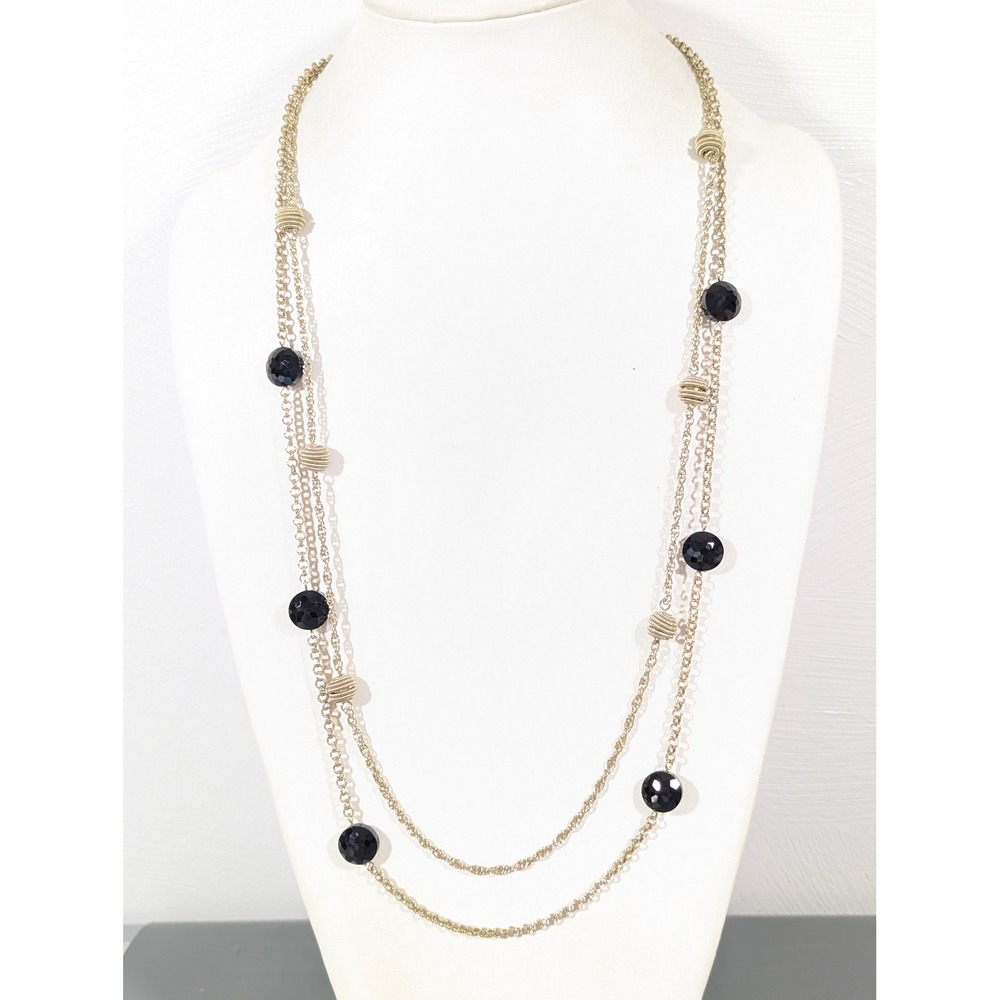 Monet‎ Black Glass Bead Necklace Gold Tone Layered Chains 32"